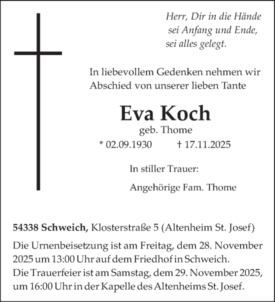 Traueranzeige von Eva Koch von trierischer_volksfreund