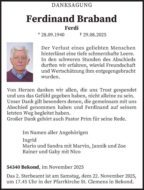 Traueranzeige von Ferdinand Braband von trierischer_volksfreund