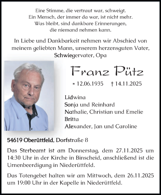 Traueranzeige von Franz Pütz von trierischer_volksfreund