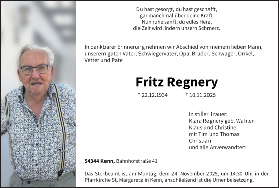 Traueranzeige von Fritz Regnery von trierischer_volksfreund