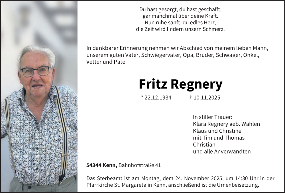  Traueranzeige für Fritz Regnery vom 15.11.2025 aus trierischer_volksfreund