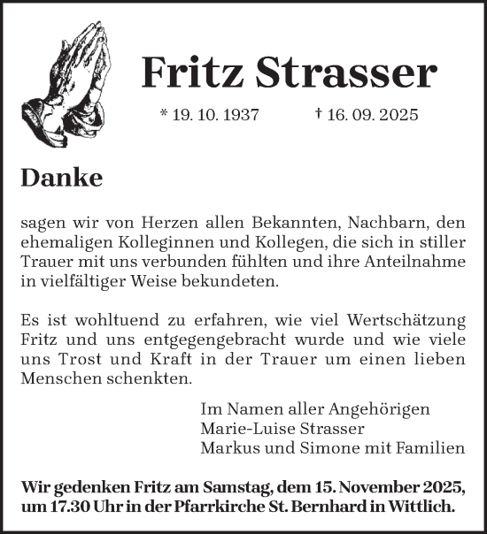 Traueranzeige von Fritz Strasser von trierischer_volksfreund
