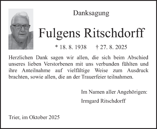Traueranzeige von Fulgens Ritschdorff von trierischer_volksfreund