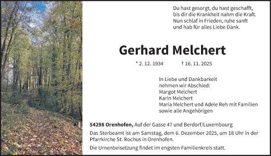 Traueranzeige von Gerhard Melchert von trierischer_volksfreund