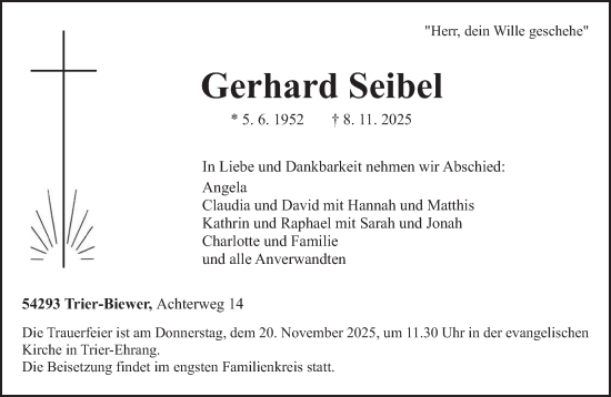 Traueranzeige von Gerhard Seibel von trierischer_volksfreund