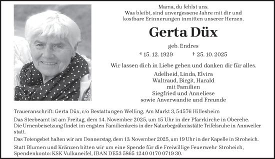 Traueranzeige von Gerta Düx von trierischer_volksfreund