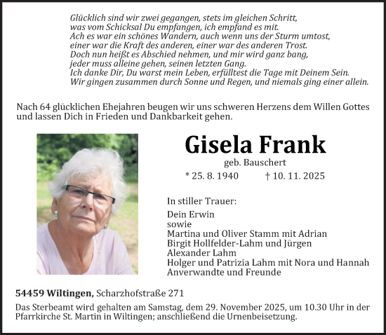 Traueranzeige von Gisela Frank von trierischer_volksfreund