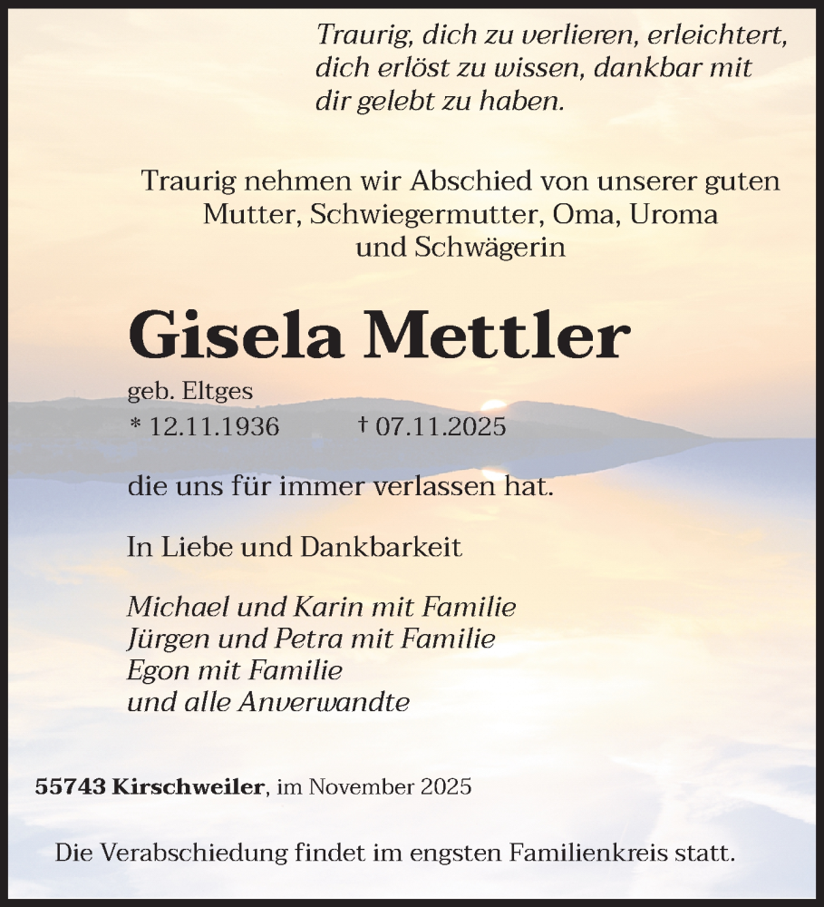  Traueranzeige für Gisela Mettler vom 15.11.2025 aus trierischer_volksfreund