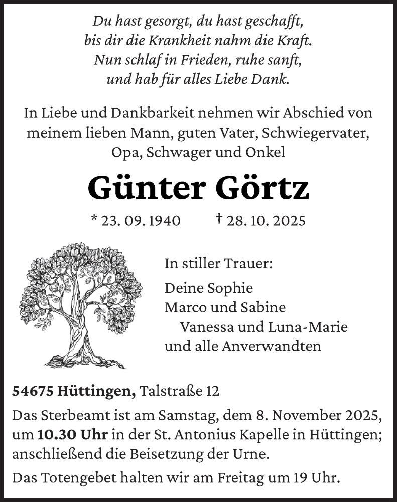  Traueranzeige für Günter Görtz vom 05.11.2025 aus trierischer_volksfreund