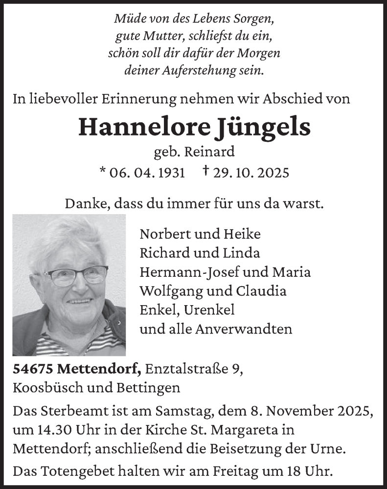  Traueranzeige für Hannelore Jüngels vom 05.11.2025 aus trierischer_volksfreund