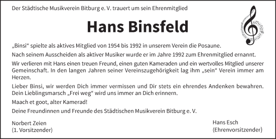 Traueranzeige von Hans Binsfeld von trierischer_volksfreund