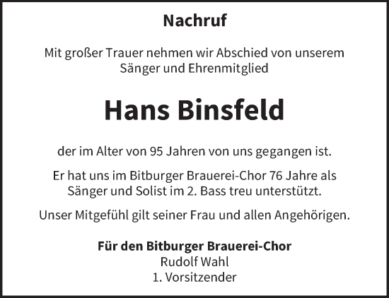 Traueranzeige von Hans Binsfeld von trierischer_volksfreund