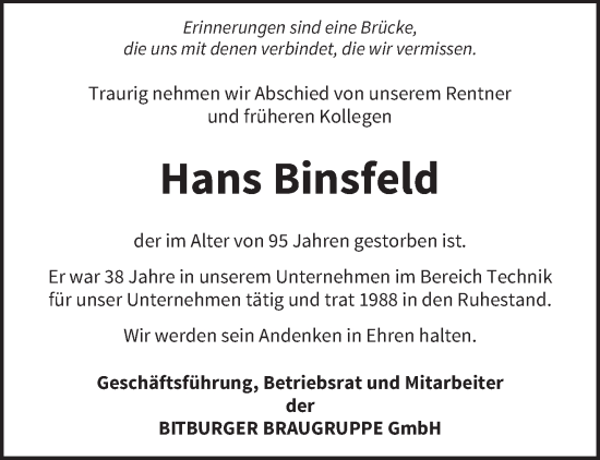 Traueranzeige von Hans Binsfeld von trierischer_volksfreund