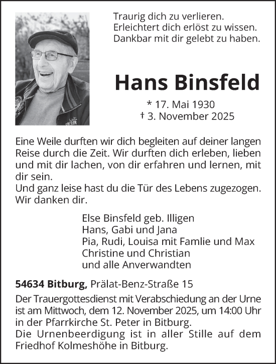 Traueranzeige von Hans Binsfeld von trierischer_volksfreund