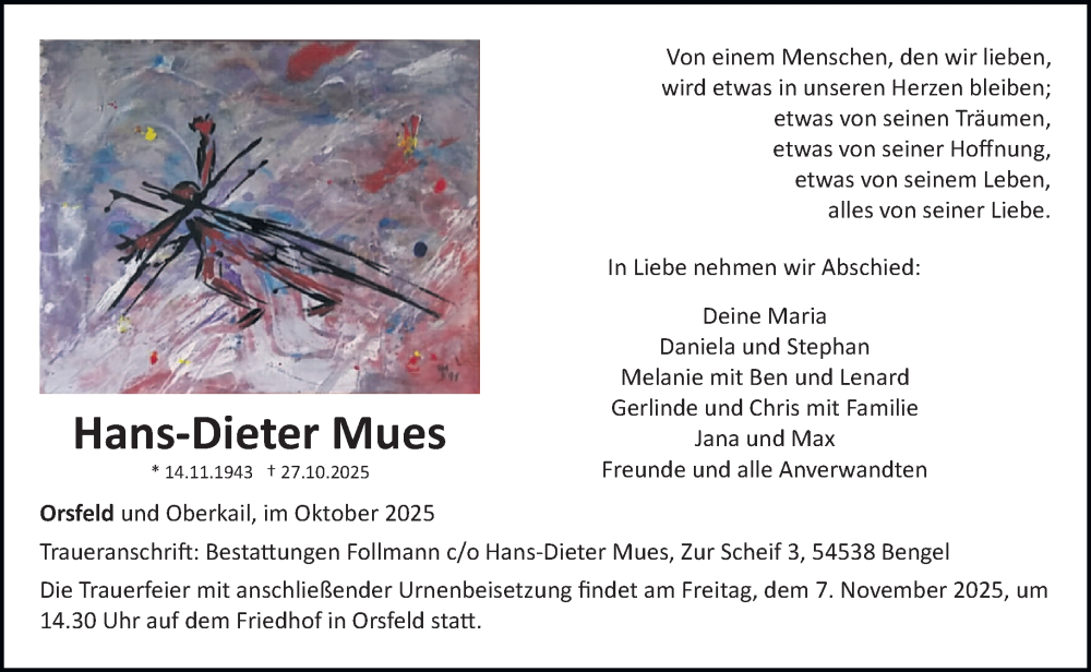  Traueranzeige für Hans-Dieter Mues vom 31.10.2025 aus trierischer_volksfreund