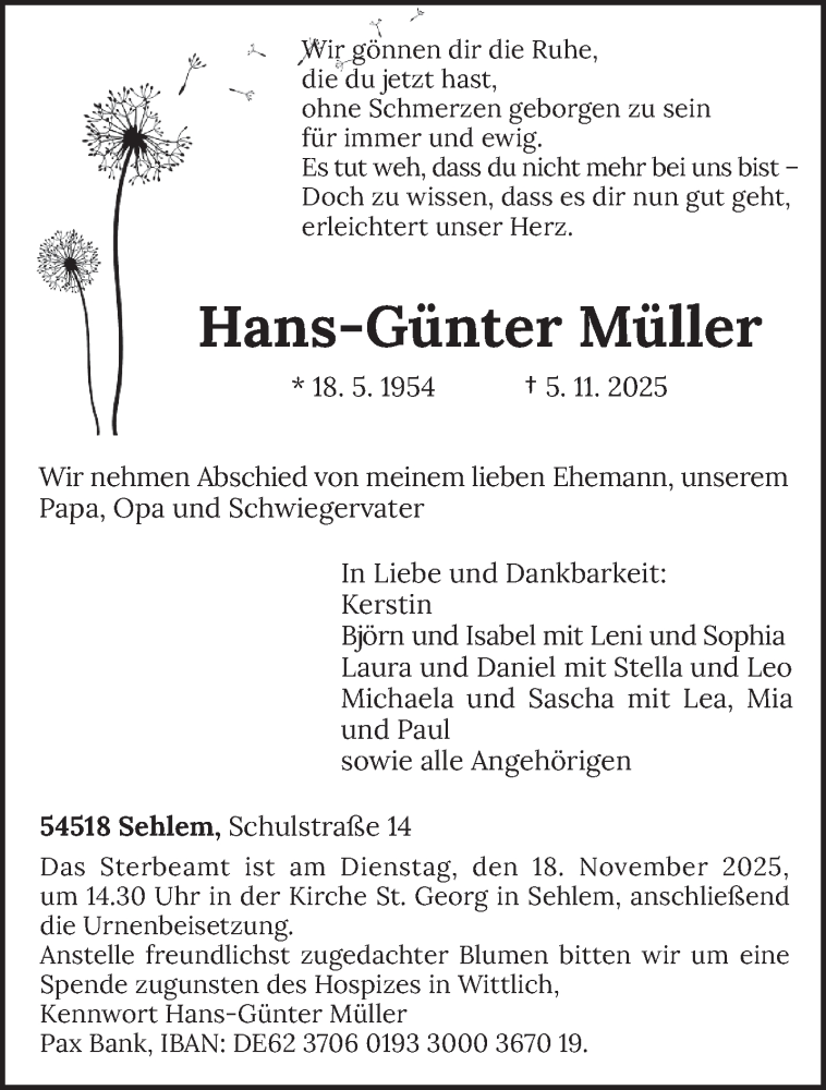  Traueranzeige für Hans-Günter Müller vom 12.11.2025 aus trierischer_volksfreund