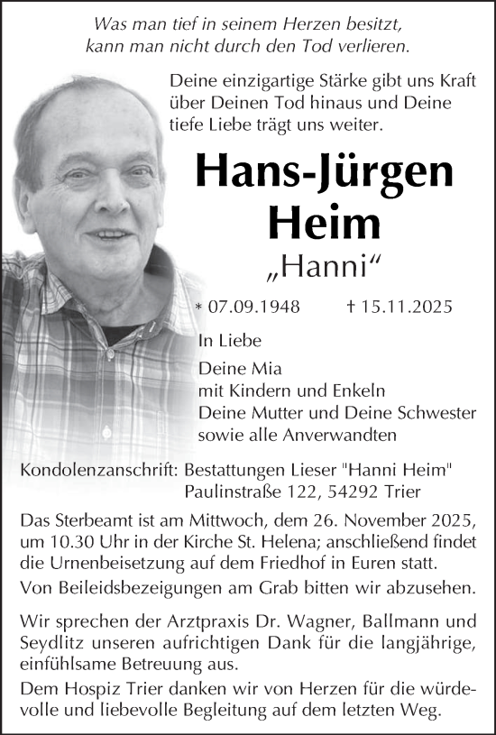 Traueranzeige von Hans-Jürgen Heim von trierischer_volksfreund