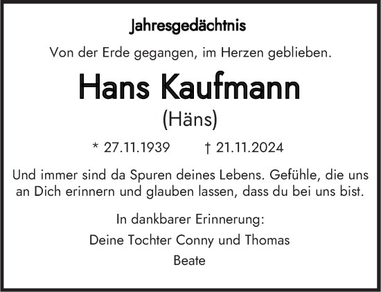 Traueranzeige von Hans Kaufmann von trierischer_volksfreund