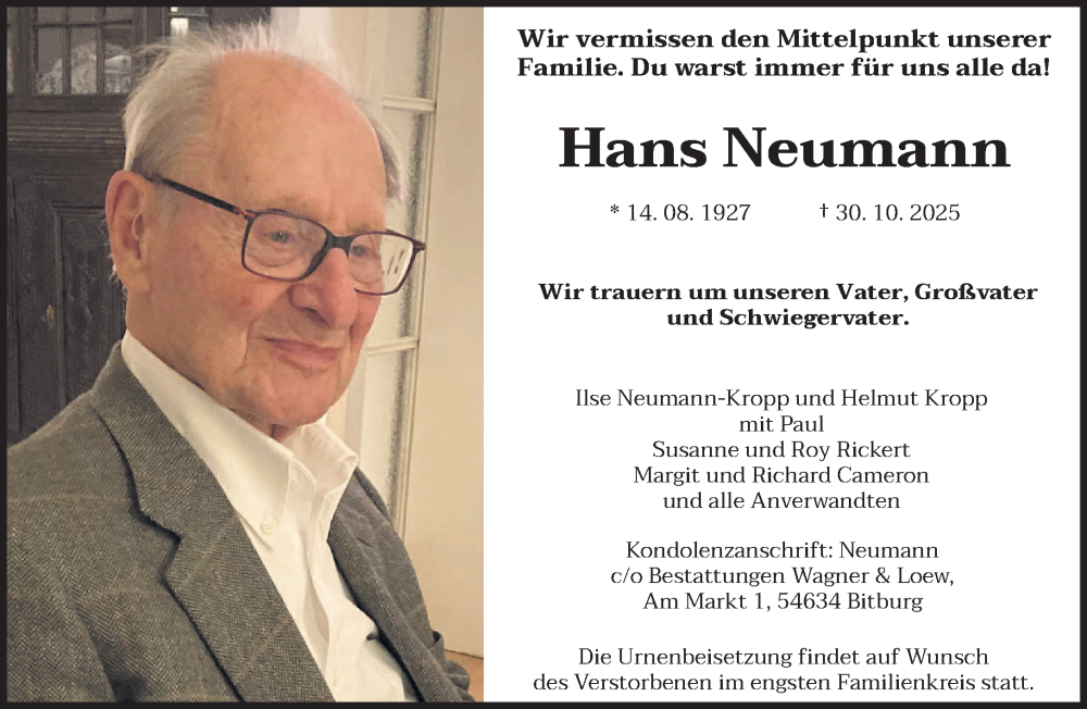  Traueranzeige für Hans Neumann vom 08.11.2025 aus trierischer_volksfreund