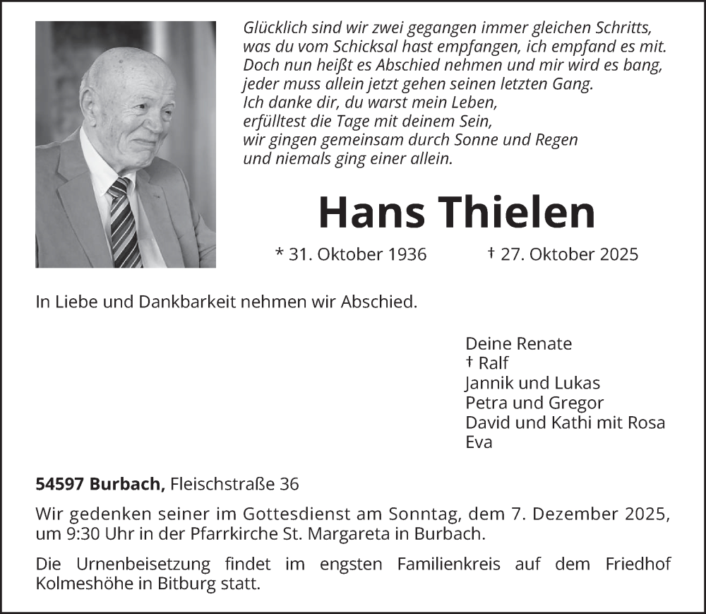  Traueranzeige für Hans Thielen vom 31.10.2025 aus trierischer_volksfreund