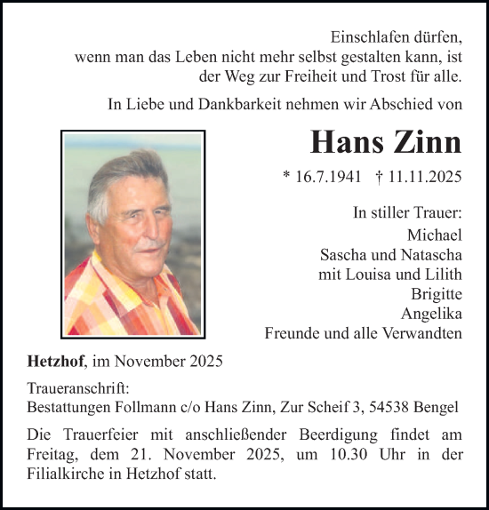 Traueranzeige von Hans Zinn von trierischer_volksfreund