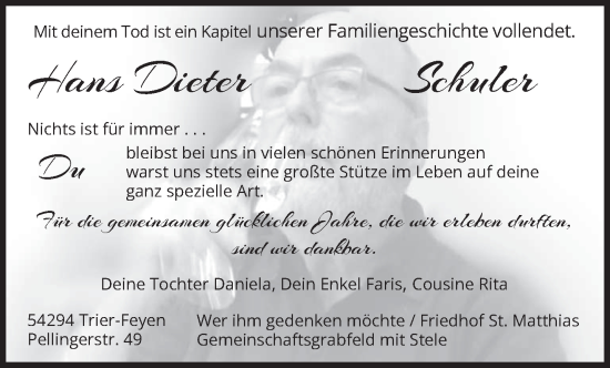 Traueranzeige von Hans Dieter Schuler von trierischer_volksfreund