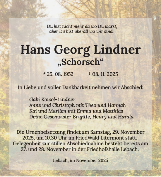 Traueranzeige von Hans Georg Lindner von trierischer_volksfreund