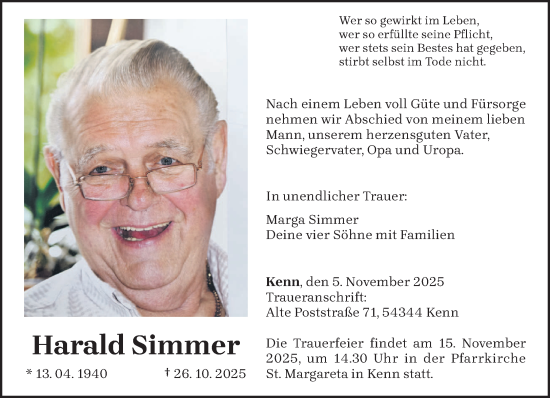 Traueranzeige von Harald Simmer von trierischer_volksfreund