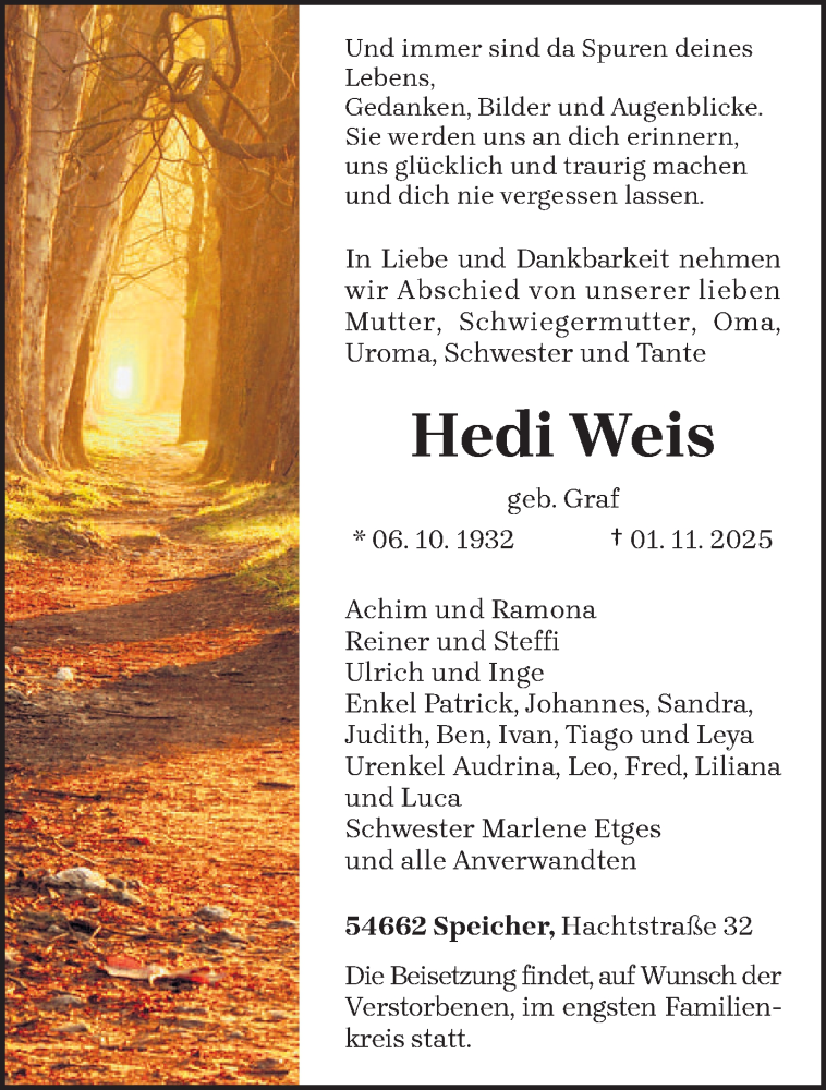 Traueranzeige für Hedi Weis vom 08.11.2025 aus trierischer_volksfreund