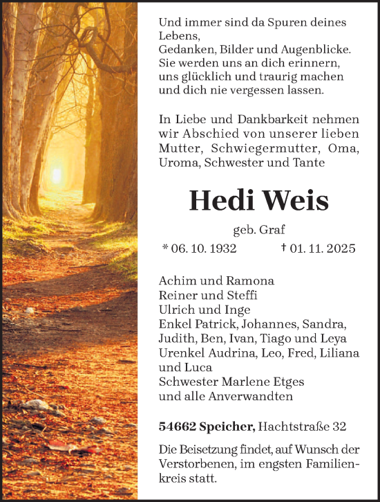 Traueranzeige von Hedi Weis von trierischer_volksfreund