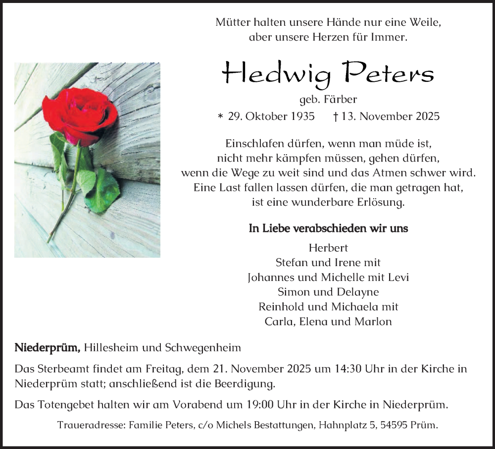  Traueranzeige für Hedwig Peters vom 15.11.2025 aus trierischer_volksfreund