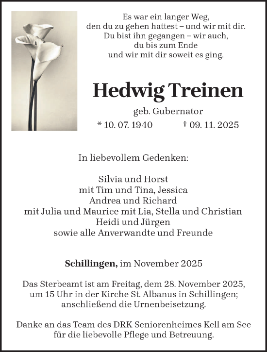 Traueranzeige von Hedwig Treinen von trierischer_volksfreund