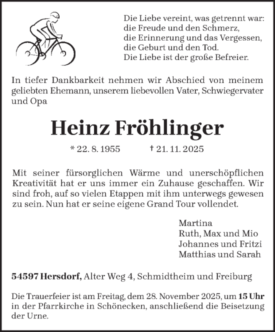 Traueranzeige von Heinz Fröhlinger von trierischer_volksfreund