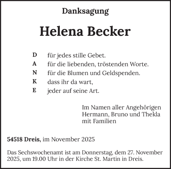 Traueranzeige von Helena Becker von trierischer_volksfreund