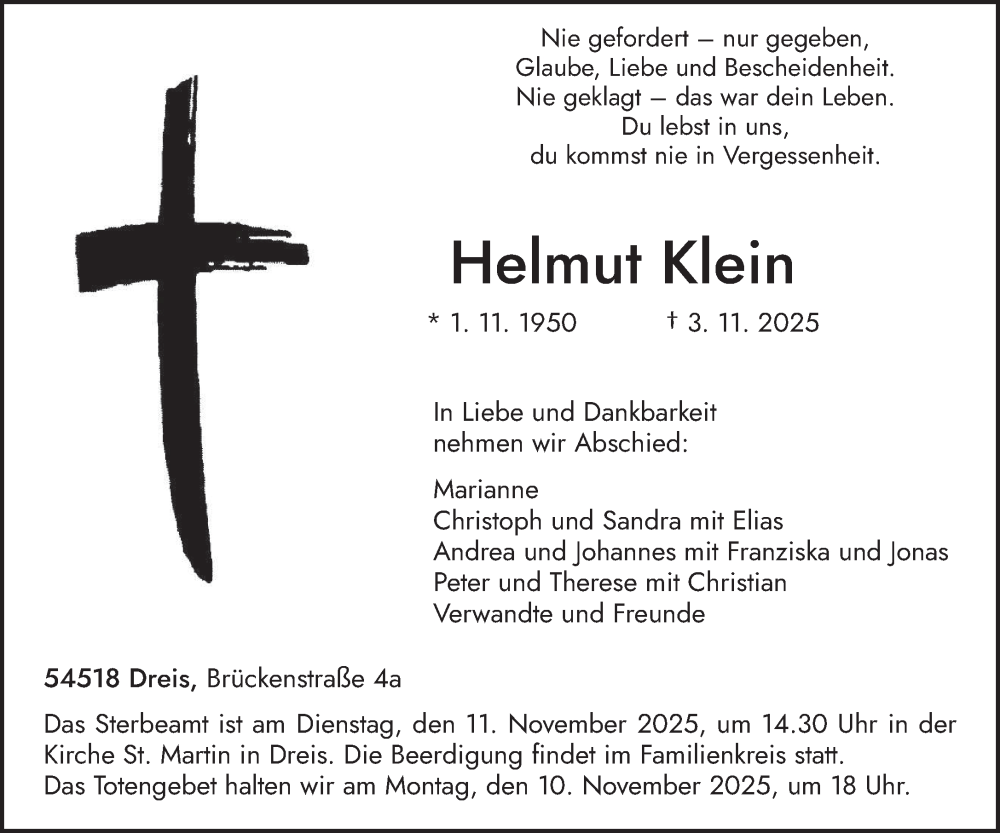  Traueranzeige für Helmut Klein vom 07.11.2025 aus trierischer_volksfreund