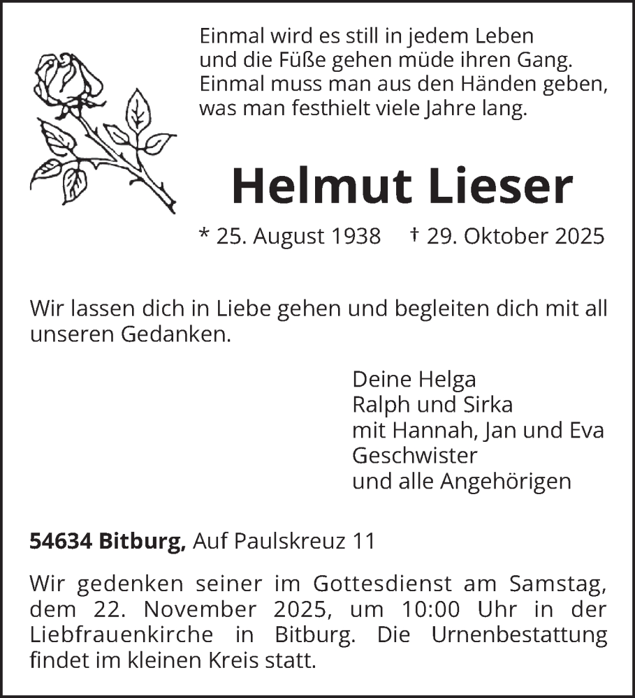  Traueranzeige für Helmut Lieser vom 05.11.2025 aus trierischer_volksfreund
