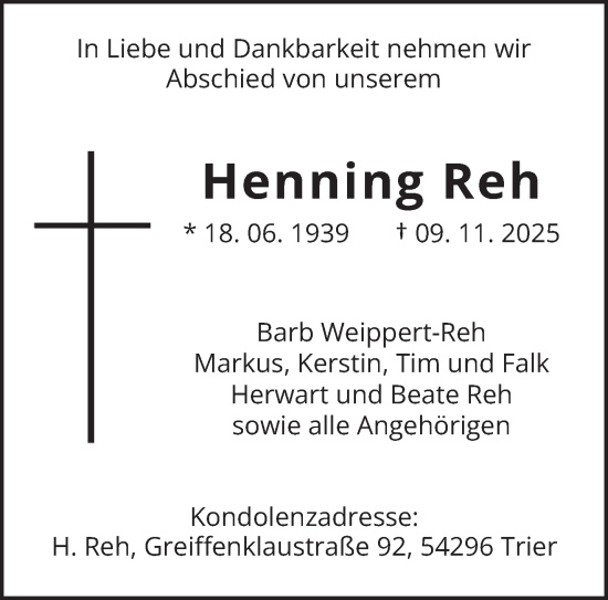 Traueranzeige von Henning Reh von trierischer_volksfreund