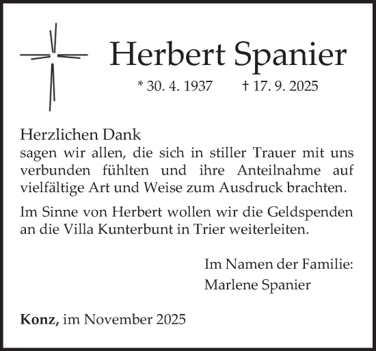 Traueranzeige von Herbert Spanier von trierischer_volksfreund