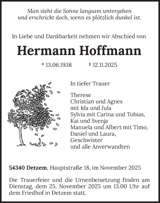 Traueranzeige von Hermann Hoffmann von trierischer_volksfreund