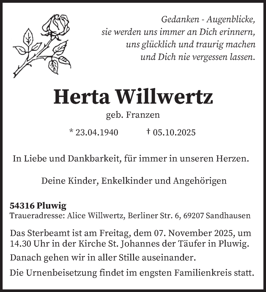 Traueranzeige für Herta Willwertz vom 31.10.2025 aus trierischer_volksfreund