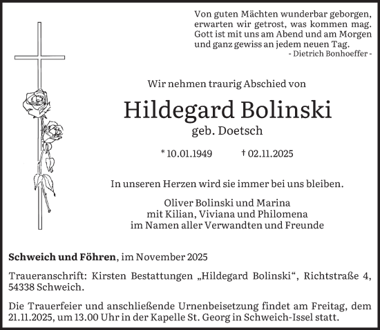 Traueranzeige von Hildegard Bolinski von trierischer_volksfreund