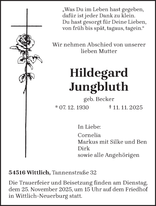 Traueranzeige von Hildegard Jungbluth von trierischer_volksfreund