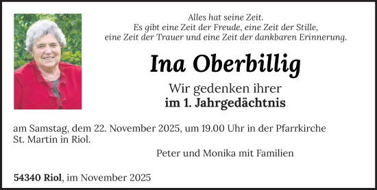 Traueranzeige von Ina Oberbillig von trierischer_volksfreund