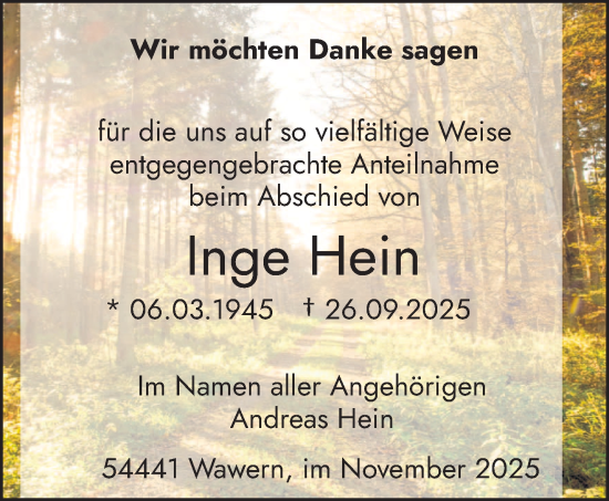 Traueranzeige von Inge Hein von trierischer_volksfreund