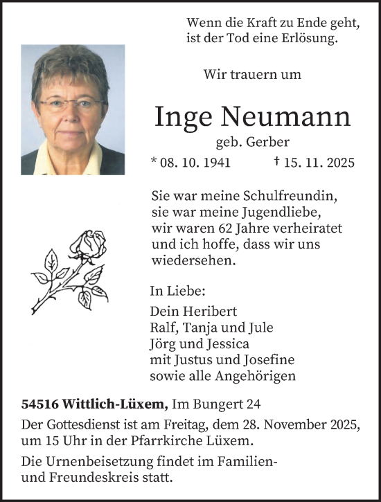Traueranzeige von Inge Neumann von trierischer_volksfreund