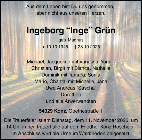 Traueranzeige von Ingeborg Grün von trierischer_volksfreund