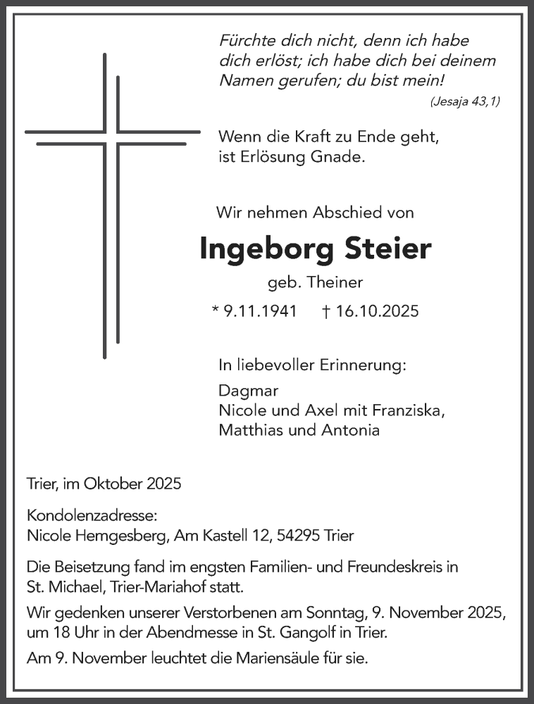  Traueranzeige für Ingeborg Steier vom 31.10.2025 aus trierischer_volksfreund