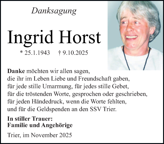 Traueranzeige von Ingrid Horst von trierischer_volksfreund