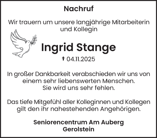 Traueranzeige von Ingrid Stange von trierischer_volksfreund