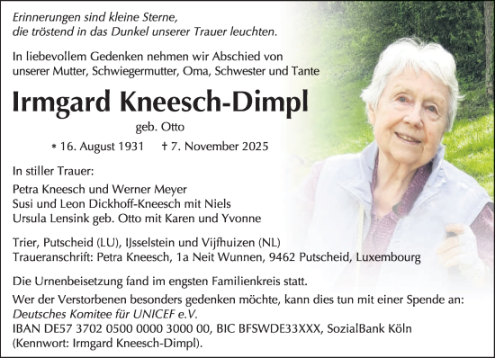 Traueranzeige von Irmgard Kneesch-Dimpl von trierischer_volksfreund